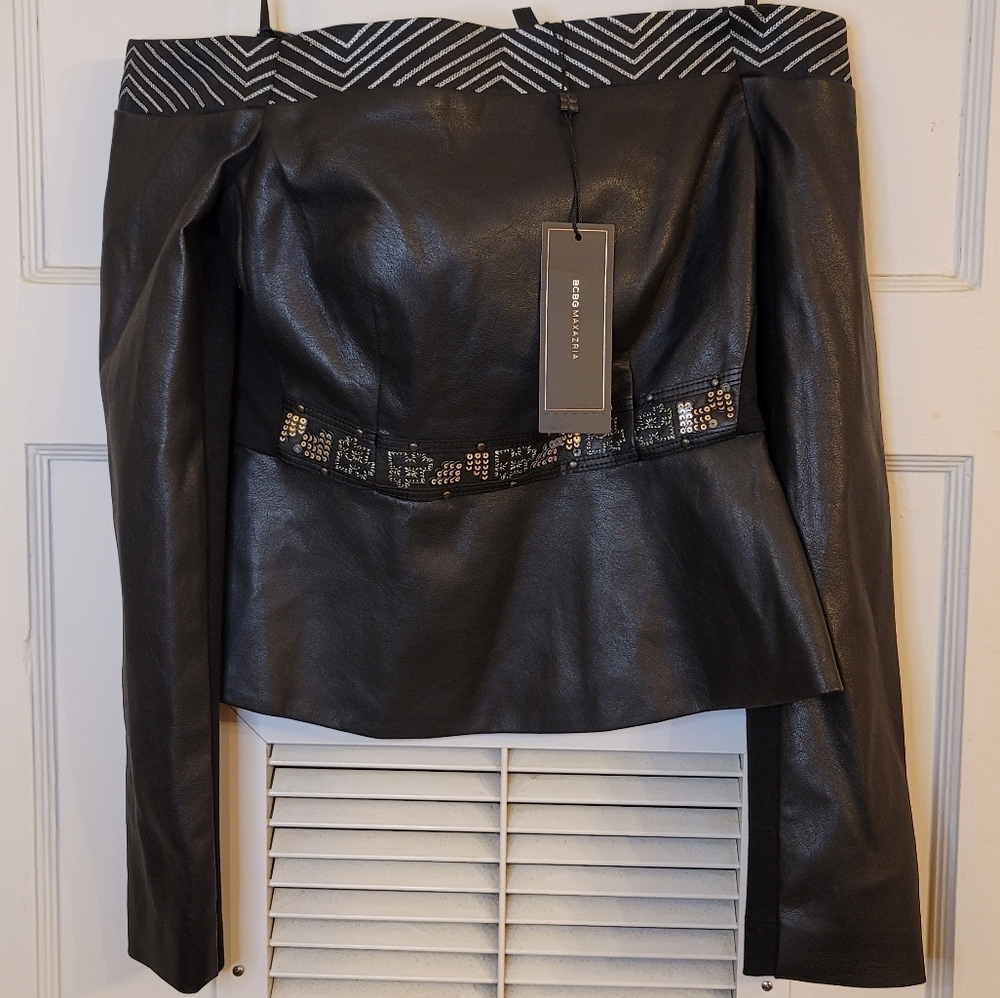Bcbgmaxazria leather peplum off the shoulder top NEW